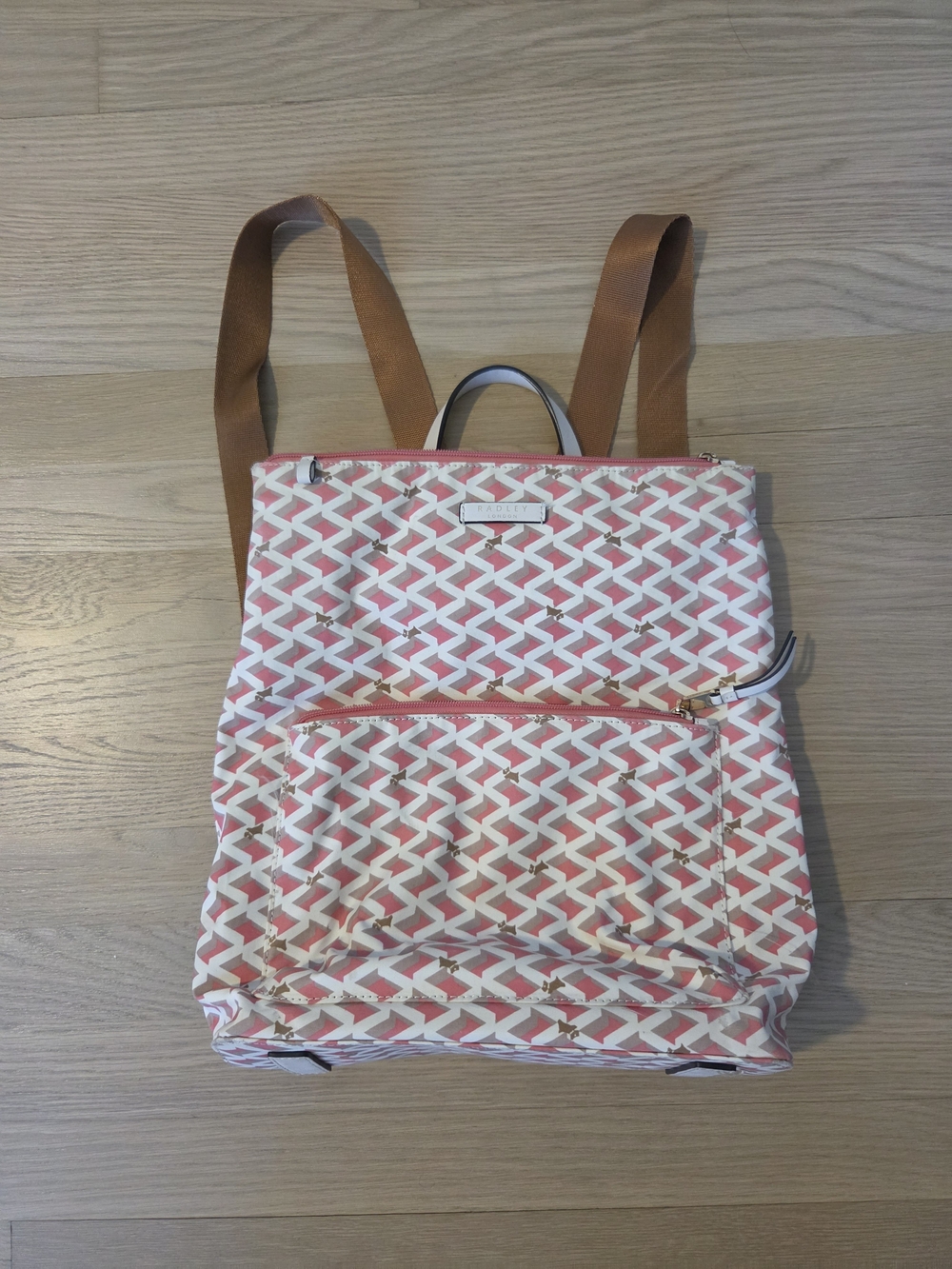 RADLEY LONDON Pink and White Patterned Backpack with Tan Straps